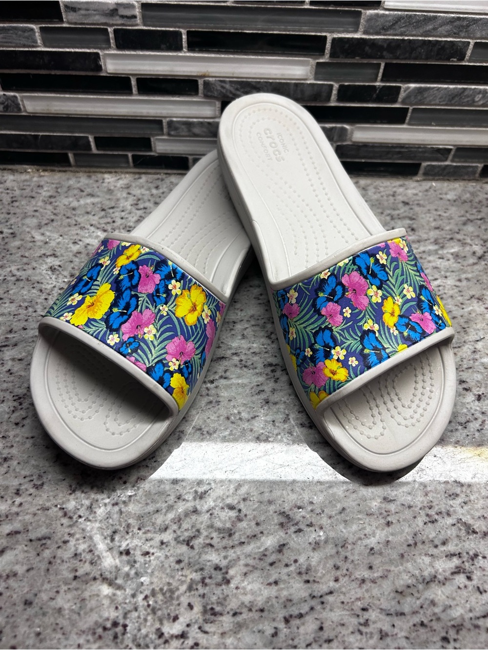 Crocs White Slide Sandals with Floral Strap size 11